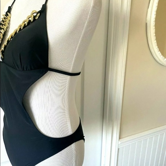 Womens Swimbay Size Small One Piece Bathing Swimsuit Black Gold Neck Cut Out EUC - Picture 5 of 6